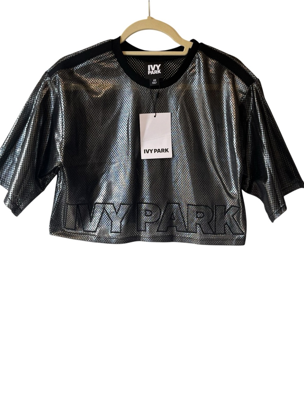 Ivy Park NWT Metallic mesh crop top XS Gunmetal silver black Womens T-shirt NEW - Picture 9 of 10